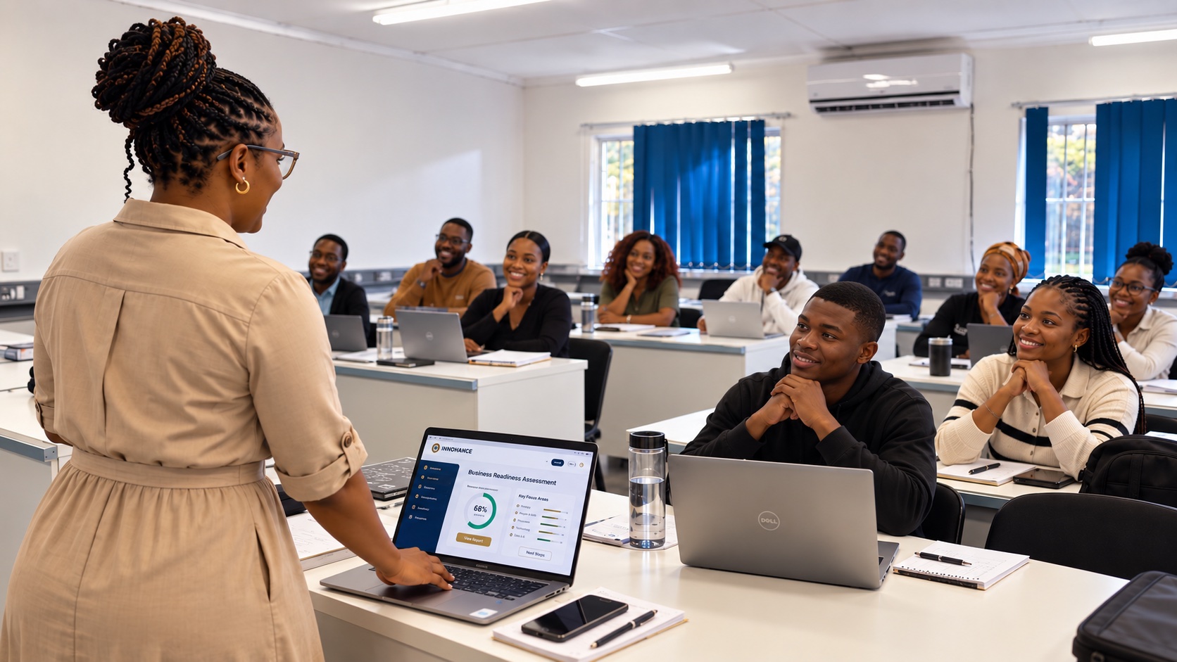 A facilitator guiding business owners through a practical AI learning session
